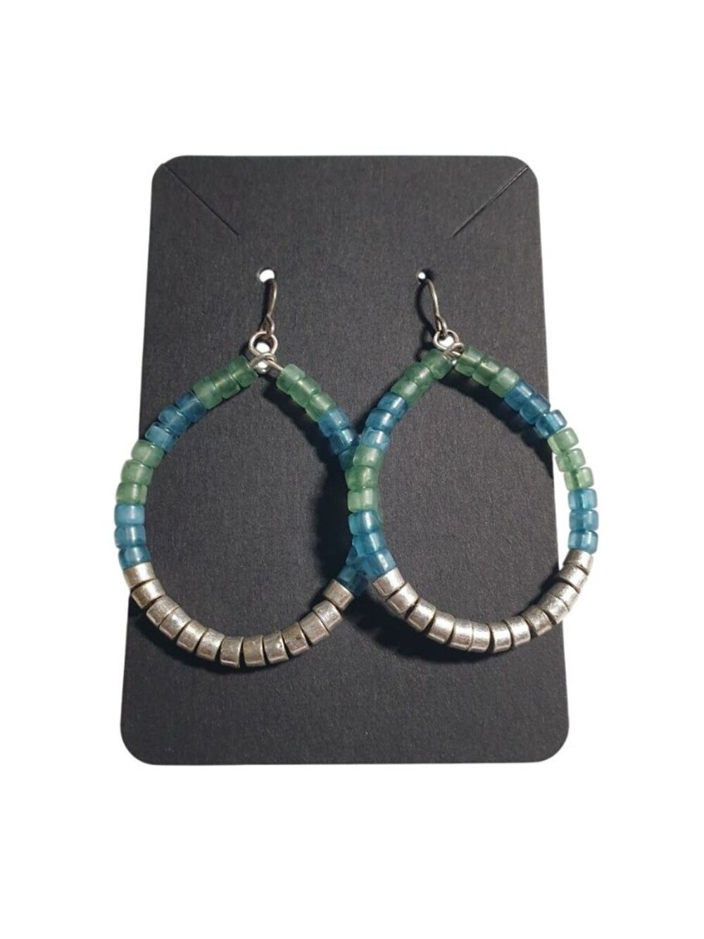 Beaded Hoop Earrings Green Blue Silver Glass Accents Hook Dangle Handmade Gift